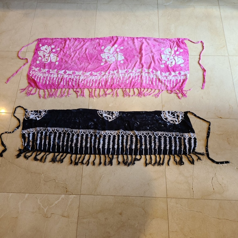 2 sarong wraps, tie closures w/ fringe